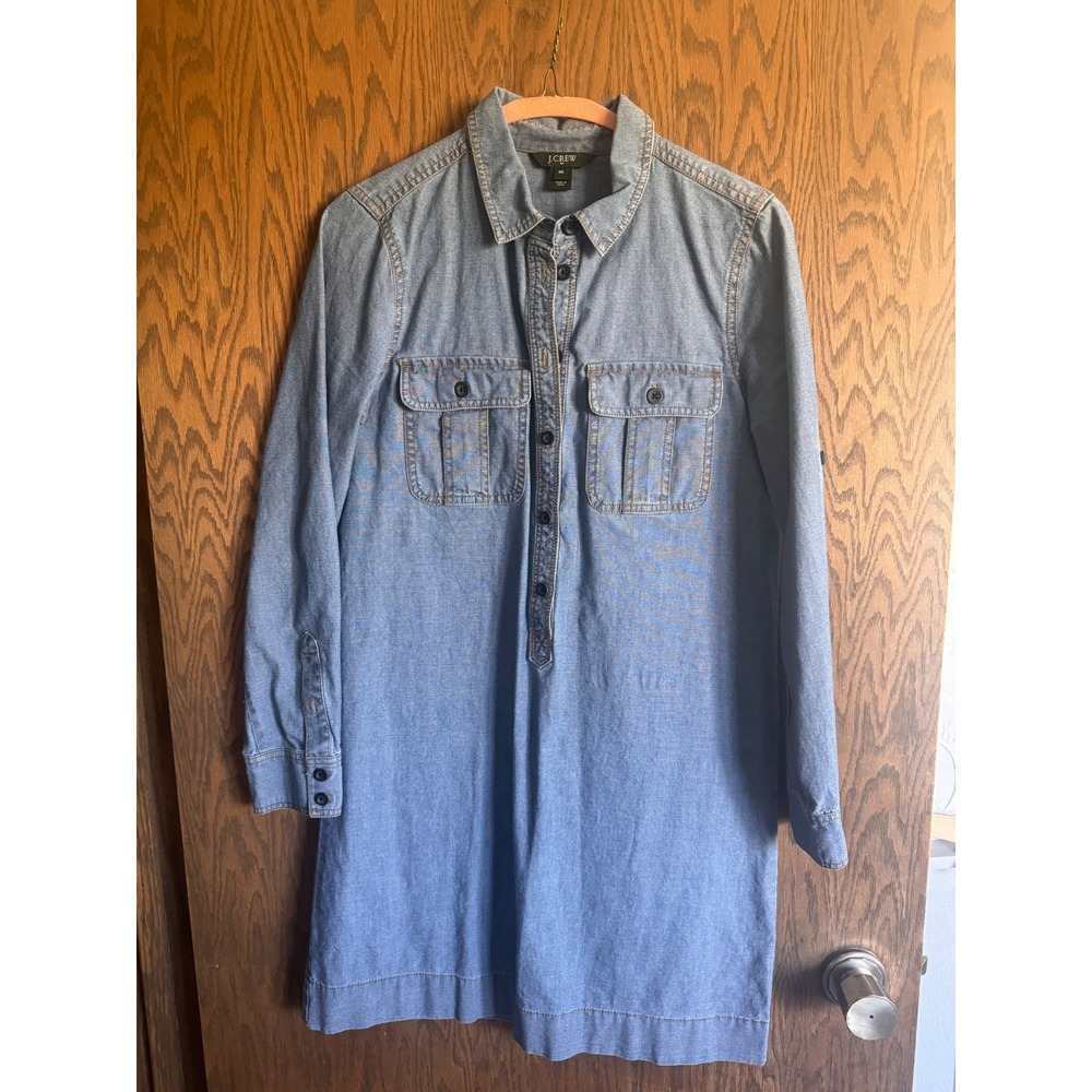 J. Crew Womens Chambray Shirt Dress Blue Cotton Long Sleeve Mini Style 91659 XS